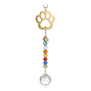Rainbow crystal suncatcher with gold paw motif and multi-colored faceted beads for garden decor