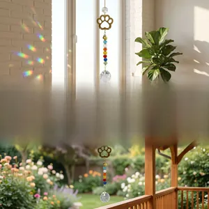 Suncatcher with K9 crystal ball and brass paw print pendant reflecting rainbow light