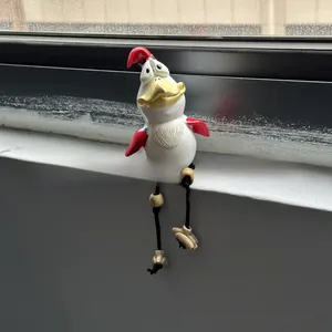 Funny resin chicken statue with long rope legs and wooden beads for garden fence decor
