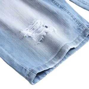 Men's summer light blue washed denim shorts with ripped details and frayed edge finishing