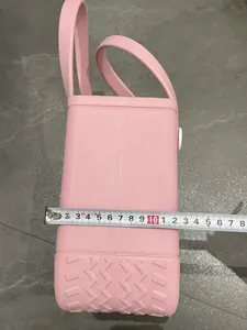 Pink EVA beach bag base detail showing 12cm width and non-slip V-shaped texture