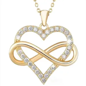 Elegant gold infinity heart pendant necklace with shimmering white zircon stones