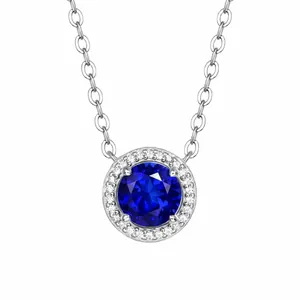 S925 Sterling Silver Angel Blue Sapphire Color Zirconia Halo Necklace Round Gemstone Pendant Elegant Jewelry For Women