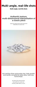Macro shot of S925 sterling silver three-stone ring with cushion-cut moissanite