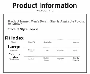 Size chart showing loose fit denim shorts with regular thickness and no elasticity