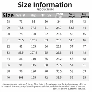 Detailed size chart for men's distressed straight-leg jeans featuring waist and hip measurements