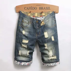 Men's Distressed Denim Shorts Cotton Spandex Ripped Hole Paisley Print Patchwork Streetwear Vintage Washed Denim Half Pants