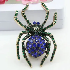 Macro shot of spider brooch featuring detailed vintage gold metal and vibrant crystal inlays