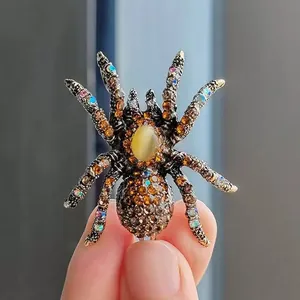 Macro detail of a vintage spider brooch with yellow gemstone and colorful rhinestones