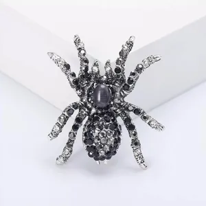 Macro detail of gothic spider brooch with cat eye stone and sparkling black rhinestones