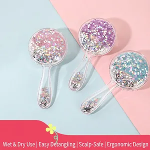 Transparent Air Cushion Hair Brush And Handheld Mirror With Liquid Quicksand Glitter Sequins Portable Scalp Massage Tool