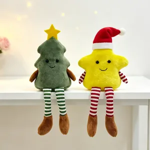 Plush Christmas tree and star figurines with striped legs for holiday party decor