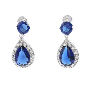 Elegant silver earrings with blue teardrop and round cubic zirconia stones