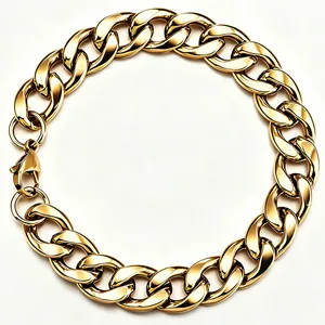 Macro detail of high-shine golden Cuban link bracelet with secure lobster clasp closure