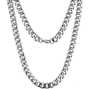 Minimalist silver steel Cuban link chain necklace with secure lobster clasp for men