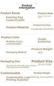 Specifications of the acrylic evening clutch bag showing size 22x12x7.5cm and 483g weight