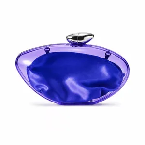 Modern purple acrylic clutch with blue satin liner and silver pebble clasp