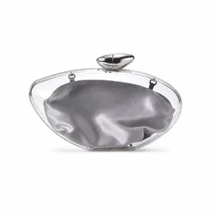 Transparent acrylic evening clutch bag with silver pebble clasp and satin inner pouch