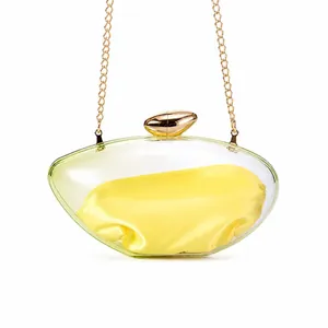 Detail of transparent acrylic evening bag with gold pebble clasp and yellow satin pouch