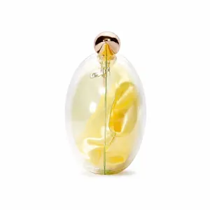 Macro detail of oval acrylic clutch featuring rose gold spherical clasp and yellow inner pouch