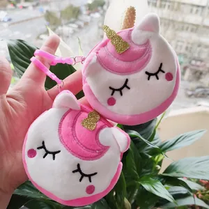 Cute unicorn plush coin purse with pink embroidery and golden horn for girls