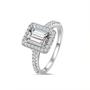 Elegant S925 silver emerald cut moissanite ring with halo stones and pavé band