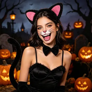 Détails des oreilles de chat en peluche, nœud papillon, queue et gants en velours pour Halloween