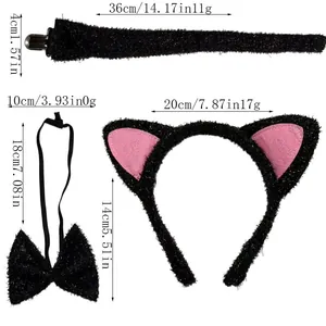 Set de déguisement chat noir 3 pièces avec mesures détaillées des oreilles, nœud et queue