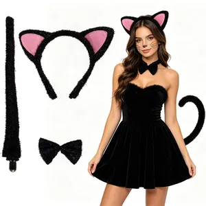 Costume de chat d'Halloween pour enfants avec robe en velours et oreilles de chat