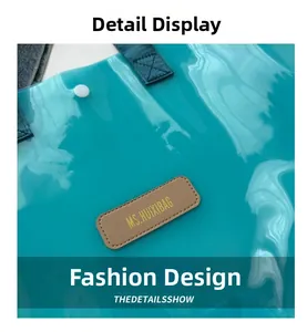 Detail of teal transparent tote bag featuring a denim handle and silver metal snap button