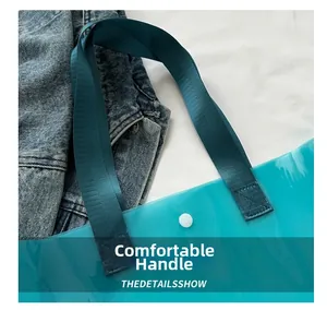 Detailed shot of teal waterproof TPU tote bag with durable nylon handles and snap closure