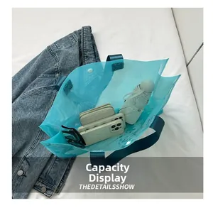 Detail showing high capacity of blue transparent PVC tote bag with everyday essentials