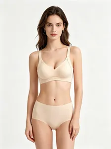 Detailed view of seamless beige bra set with soft wireless support and high waist panties