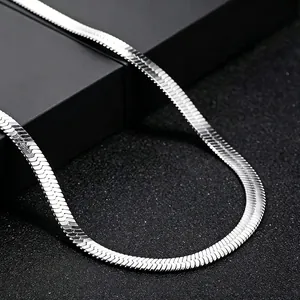 Minimalist silver stainless steel flat snake bone chain necklace with mirror polish finish