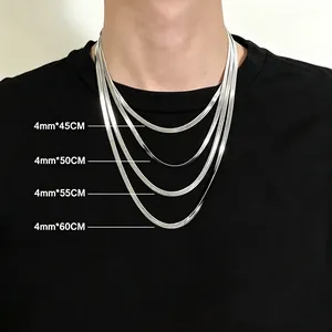 Sleek silver stainless steel snake chain necklaces in various lengths worn on a model