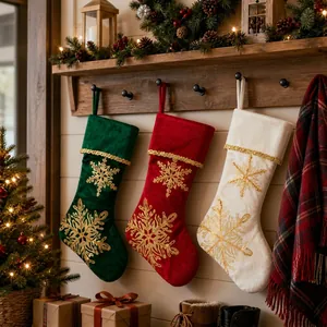 Detailed view of velvet Christmas stockings with gold snowflakes on wood hooks