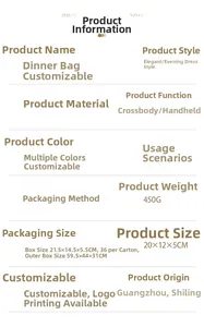 Specifications of acrylic evening clutch showing 20x12x5cm dimensions and 450g weight
