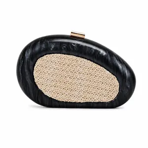 Chic marble acrylic clutch bag with woven straw panels and gold clasp for evening wedding