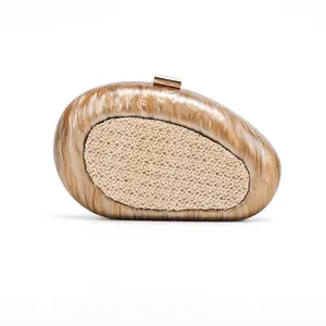 Acrylic Marble Texture Evening Clutch Bag Shell Shaped Woven Straw Panel Metal Clasp Wedding Banquet Handbag For Women