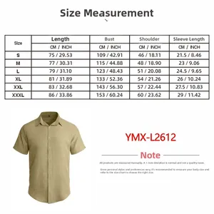 Detailed size chart for men's casual short sleeve shirt from S to 3XL with measurements