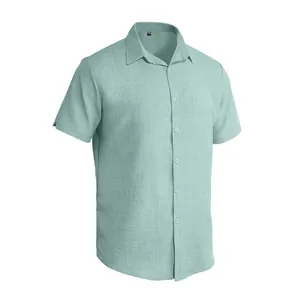 Men's summer short sleeve cotton linen polo shirt in mint green with button-up collar