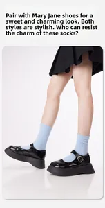 Dettaglio di calze in cotone azzurro abbinate a scarpe Mary Jane e gonna a pieghe