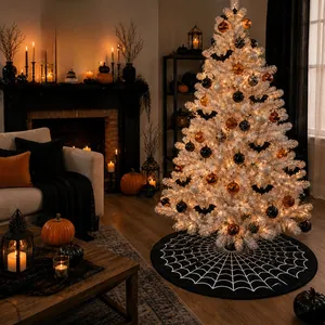 Cozy indoor setting showing a white Halloween tree with spider web skirt and bat ornaments