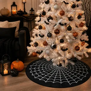 Detailed view of white spider web tree skirt and festive Halloween ornaments for a cozy setup