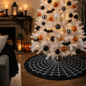 Detailed view of Halloween white spider web tree skirt under a decorated holiday tree