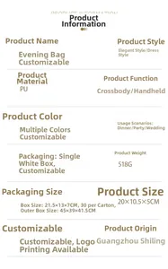 Detailed size and material specification sheet for the PU rose evening clutch bag