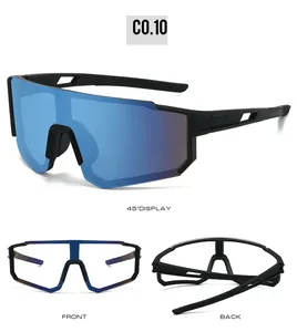 Detail view of stylish outdoor cycling sunglasses with colorful protective lenses