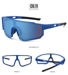 Detailed views of blue wrap-around cycling sunglasses with mirror lens and non-slip arms