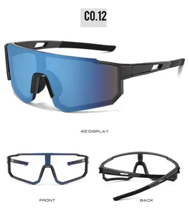Three-angle view of sports cycling sunglasses with blue-purple gradient lenses