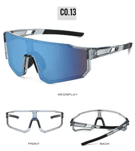 Blue mirrored cycling sunglasses with translucent grey frame and non-slip temple tips